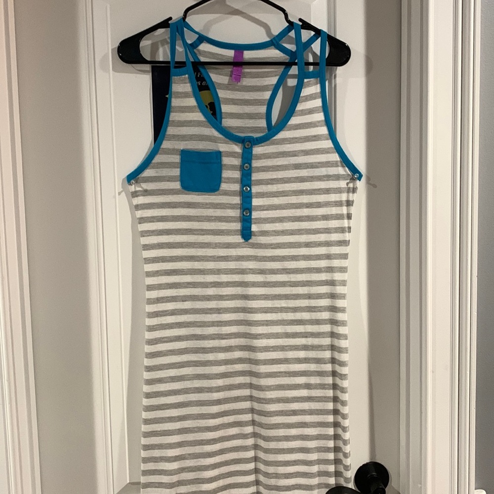 Gray and White Striped with Blue Lining and Gray Buttoned Sundress, Nomad, L